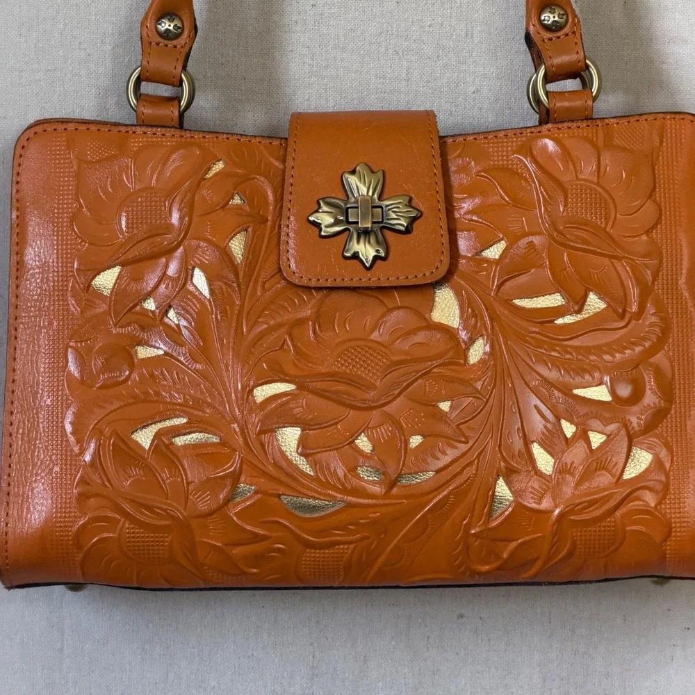 Orange Tooled Leather Patricia Nash Satchel Bag Boho Vintage Y2K Medium